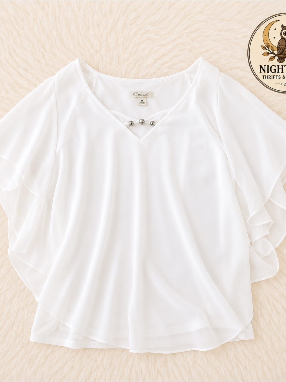 C. Est. 1946 White Chiffon Poncho Fairy Blouse Embellished V-Neck Size Medium